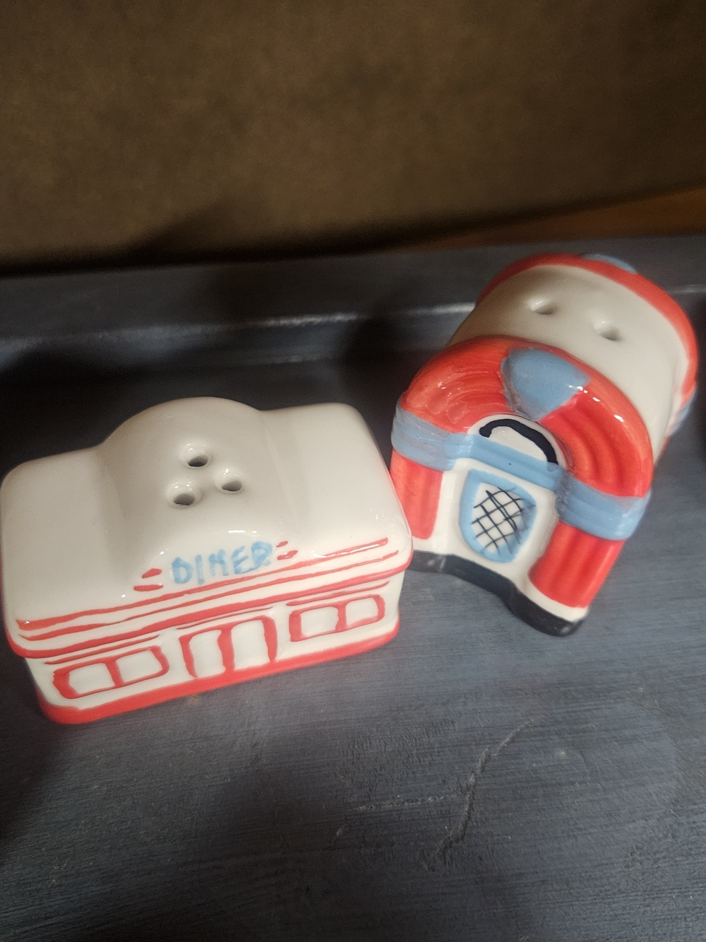Cracker Barrel Red, Blue & White Diner and Jukebox Salt & Pepper Shakers
